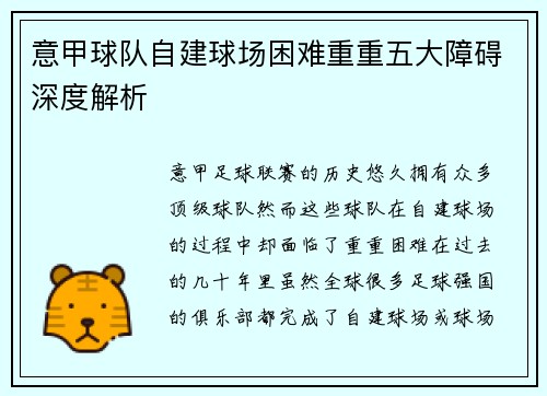 意甲球队自建球场困难重重五大障碍深度解析 意甲球队自建球场困难重重五大障碍深度解析